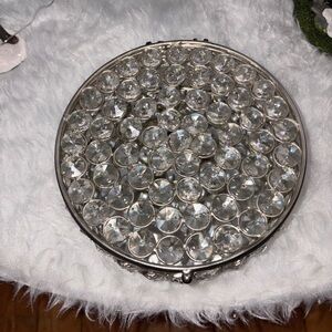 Crystal Embellished Silver Round jewelry tray with mirrored bottom